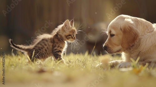 friendship dog and cat playing in bokeh meadow © jongaNU