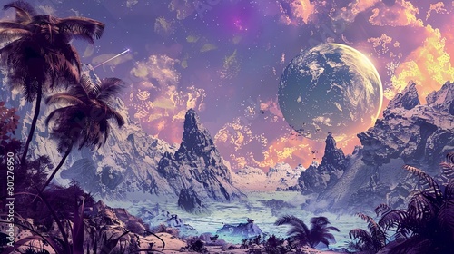 alien planet landscape featuring a large ball and a tree in the foreground, with mountains in the b photo