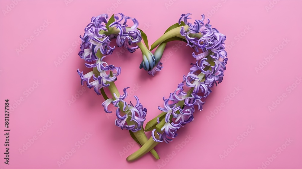 Hyacinth flowers in hole in heart shaped form over pink punchy pastel background. Top view, flat lay. Banner. Spring, summer or garden concept. Present for Woman day 
