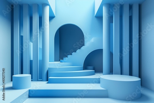 Blue abstract background with podiums and stairs photo