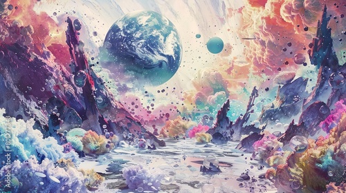 alien planet landscape painting featuring a rocky terrain with a waterfall, surrounded by lush gree photo