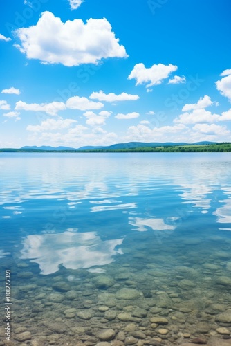 Beautiful blue lake with green mountains in the distance