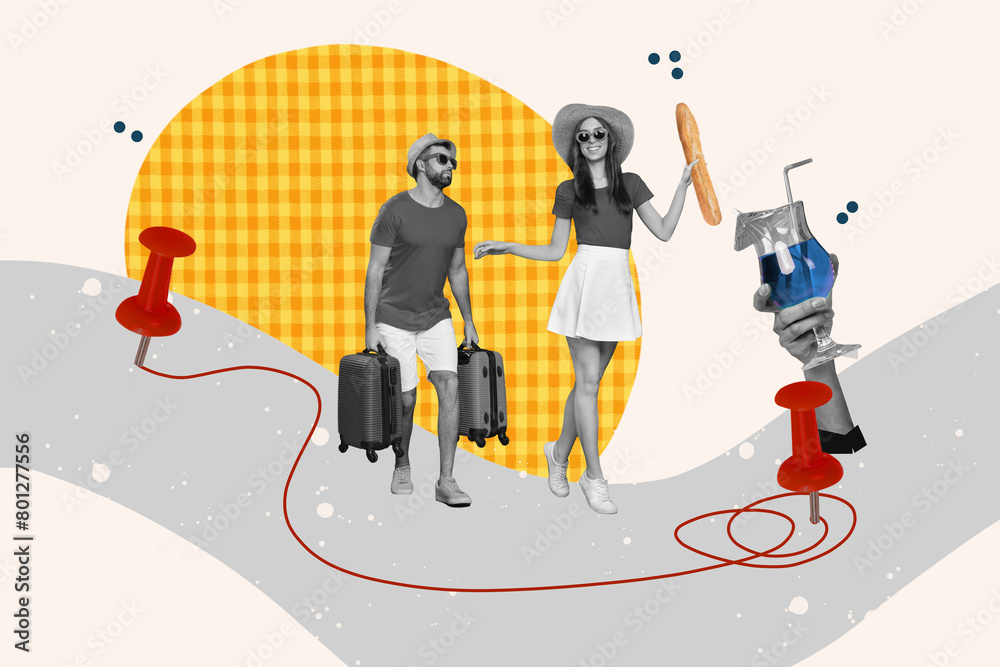 Obraz premium Creative collage image young happy family tourists route journey luggage cocktail beverage resort vacation drawing background