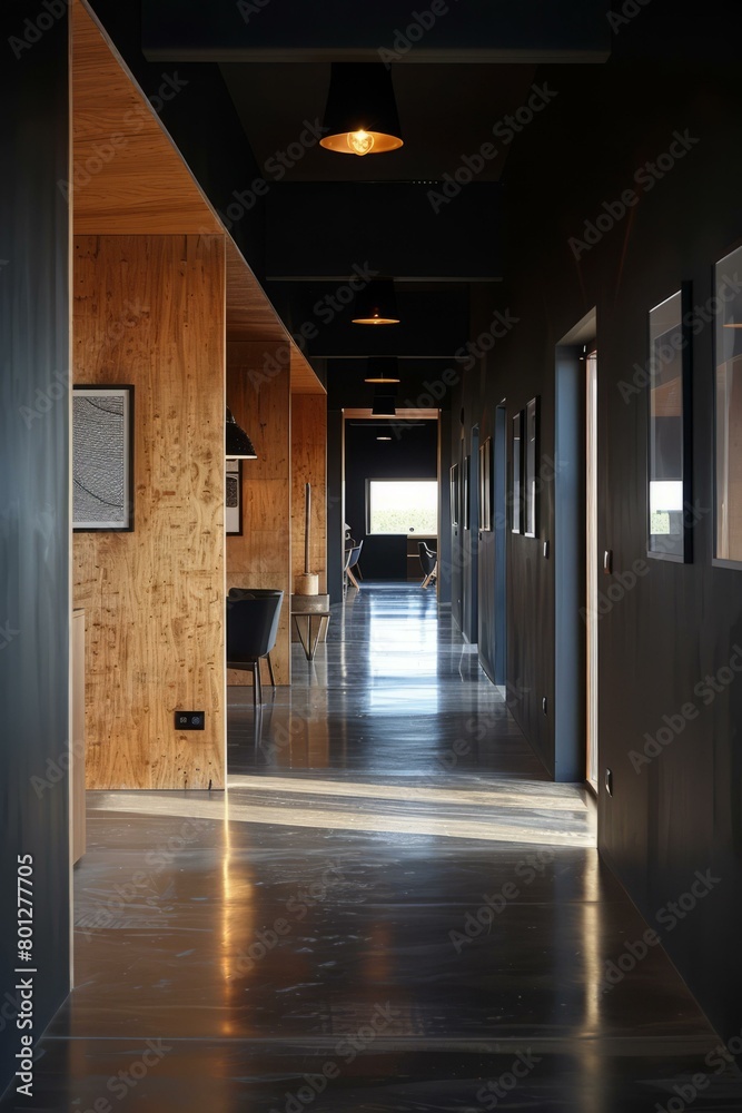 Wooden wall and black floor hallway