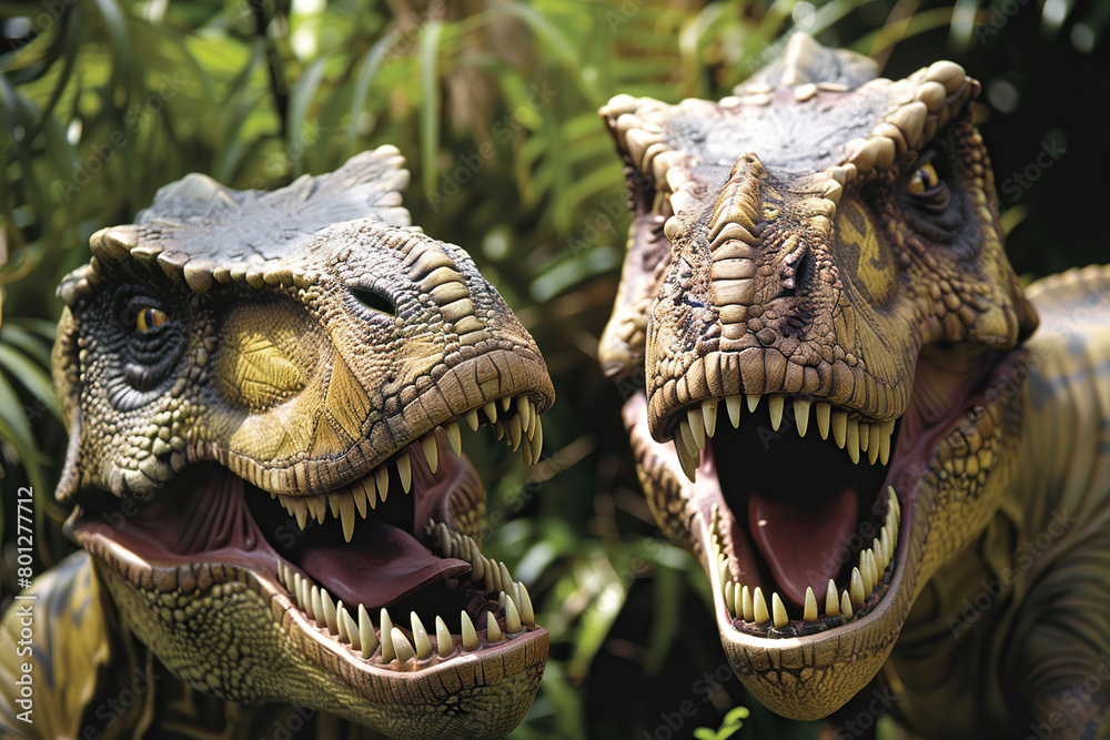 Obraz premium Generative ai on theme of big scary hungry dinosaur with kind eyes and sharp teeth destroying park