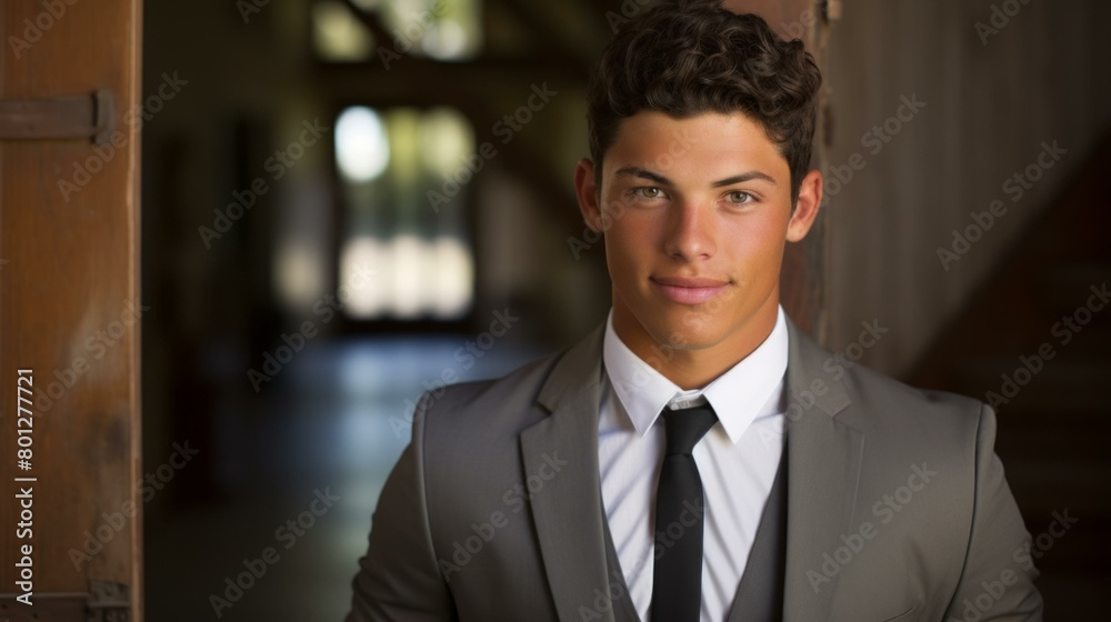 A young man in a suit standing in a doorway A young man in a suit standing in a doorway