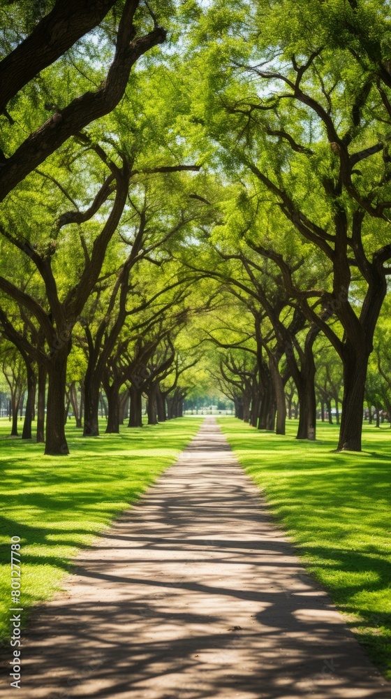 The path through the park is surrounded by lush green trees.