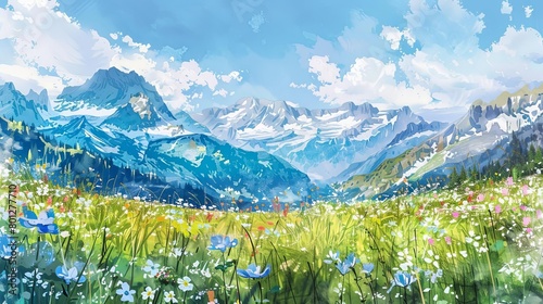 alpine meadow with blue flowers and mountains in the background © YOGI C