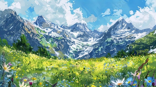 alpine meadow with mountains in the background, featuring a variety of colorful flowers including p photo