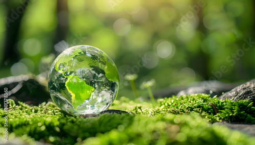 crystal clear glass earth globe on mossy green grass  World environment day ecology care sustainability protection concept