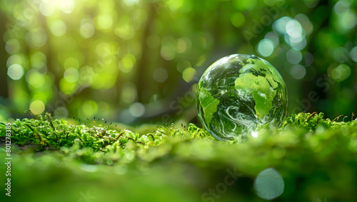 crystal clear glass earth globe on mossy green grass, World environment day ecology care sustainability protection concept