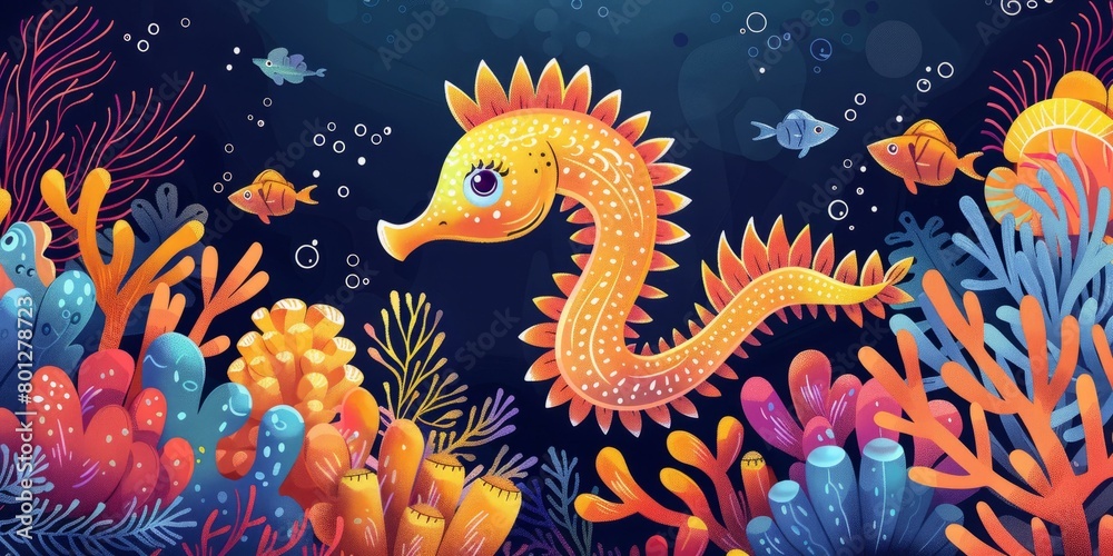 Illustration of a yellow and orange seahorse swimming in a coral reef with various species of fish Illustration of a yellow and orange seahorse swimming in a coral reef with various species of fish