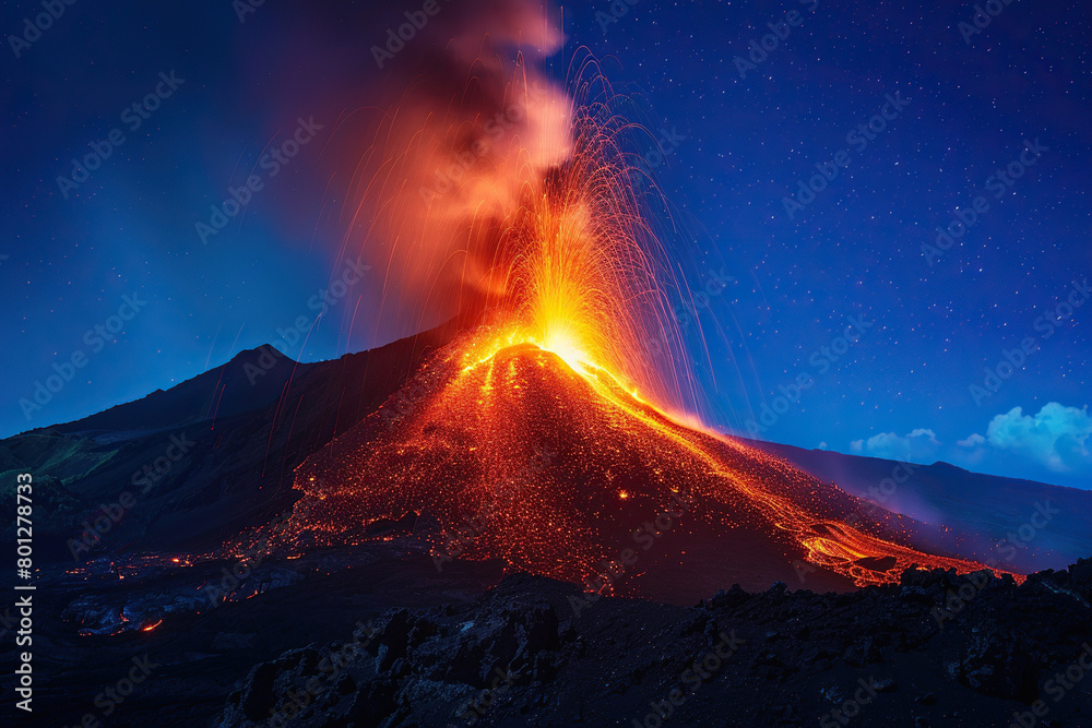 Fototapeta premium Generative ai on theme of erupting volcano with cascading hot lava surrounded thick white smoke