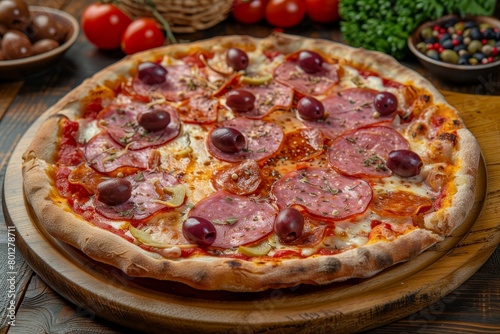Mediterranean style pizza with salami, ham and olives