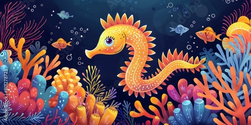 Illustration of a yellow and orange seahorse swimming in a coral reef with various species of fish