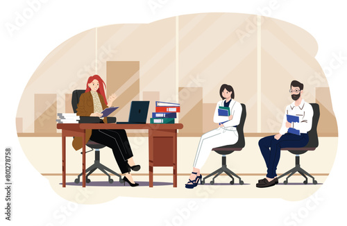 Furious businesswoman scream and scold stressed employees at workplace. Angry authoritarian female boss shout and lecture unhappy workers. Vector illustration.