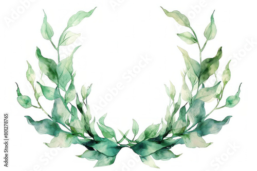 Watercolor wreath of lush green leaves on a white background, isolated for design elements and decorative purposes