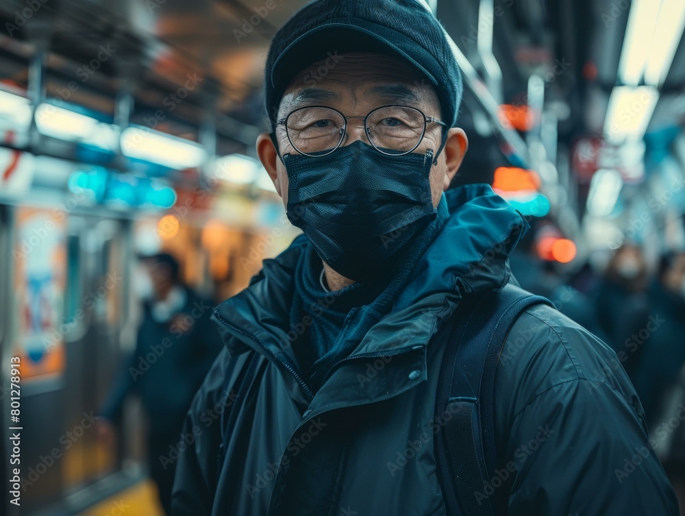 Portrait of an Asian man wearing a mask in a subway station