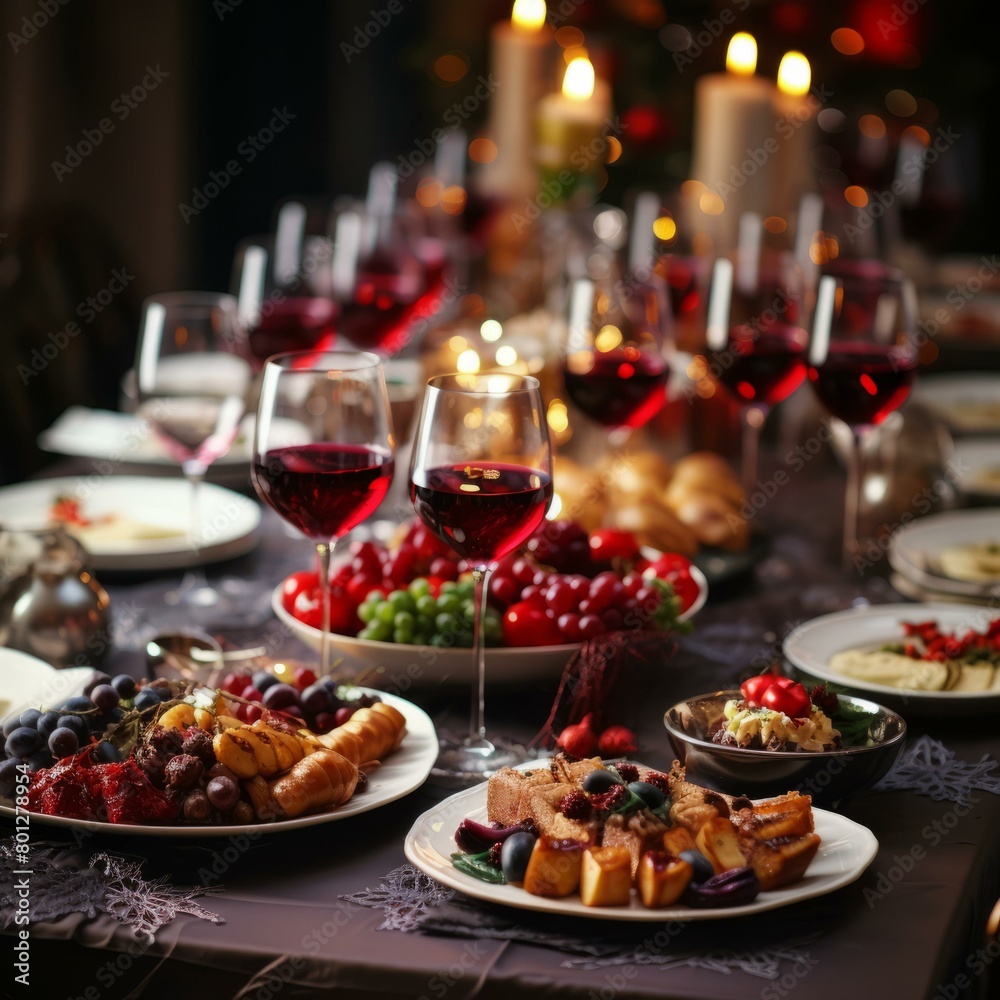 A table full of food and wine with candles in the background A table full of food and wine with candles in the background