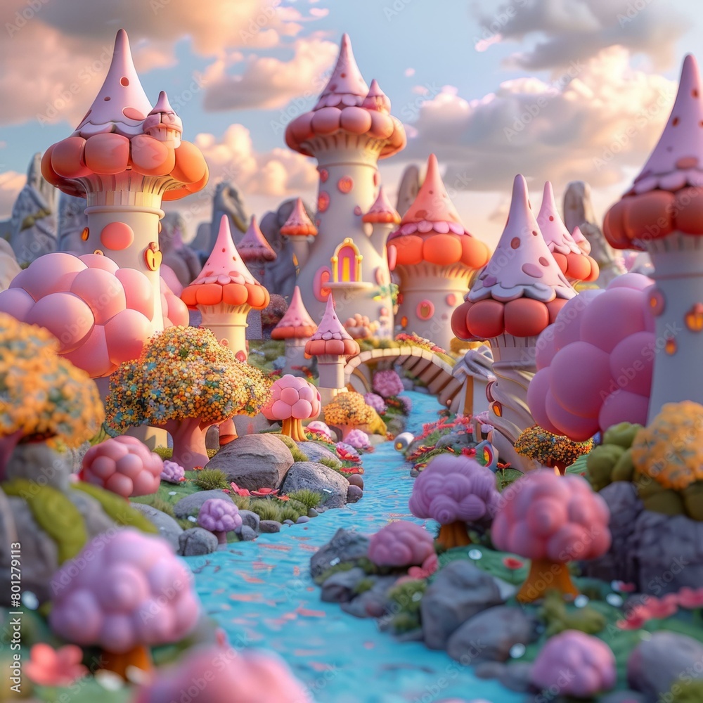 Whimsical digital painting of a pink and purple fairytale land with a river running through it
