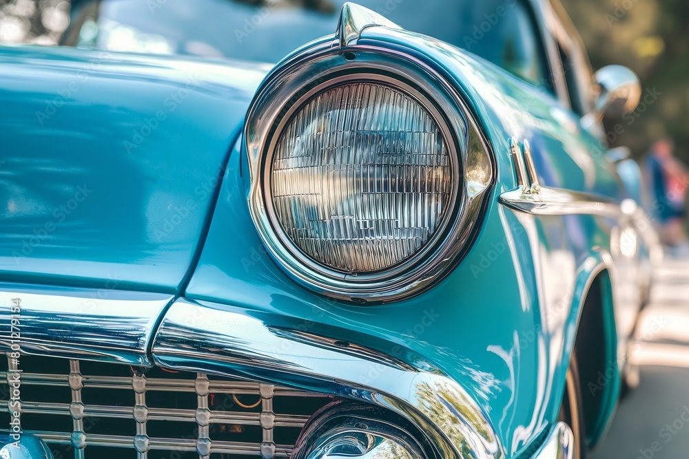 Close up of classic blue car headlight