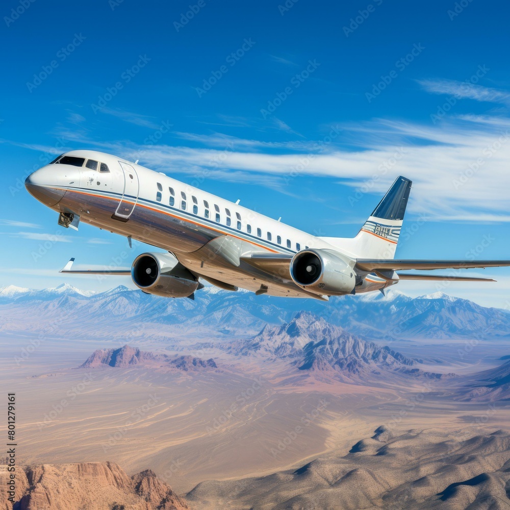 A sleek private jet flies over a mountainous desert landscape