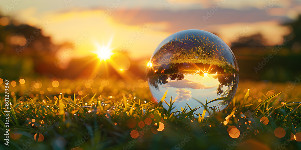 Shiny bubbles wallpaper,Bright green sphere reflects sunlight in transparent glass material,Creative Crystal Lens Ball Photography of a Lake with Reflections


