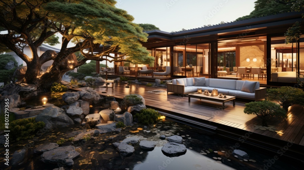 A beautiful house with a garden and a pond