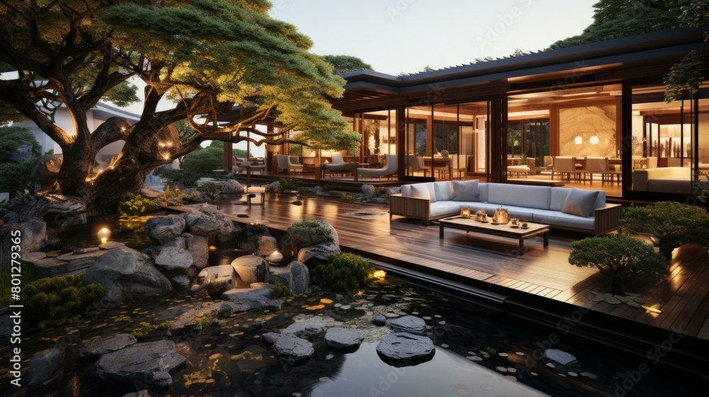 A beautiful house with a garden and a pond A beautiful house with a garden and a pond