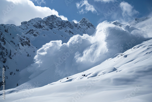 Generative ai on theme of descent of an huge avalanche from the mountain, winter nature landscape