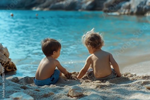 Two little boys toddlers playing with sand on the ocean coast on sunny day