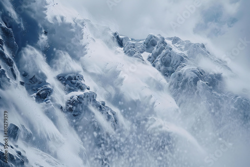 Generative ai on theme of descent of an huge avalanche from the mountain, winter nature landscape