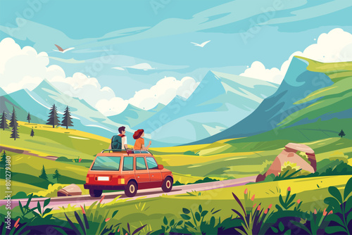 Summer landscape with highway with car, Family car trip in countryside, hills, mountains, holiday vacation, travel, Vector illustration