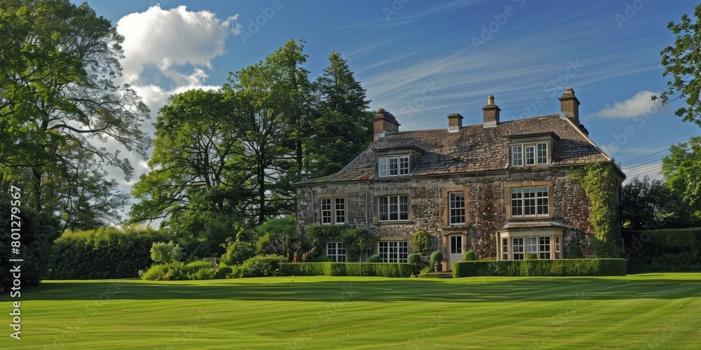An English country house surrounded by trees and a large lawn An English country house surrounded by trees and a large lawn