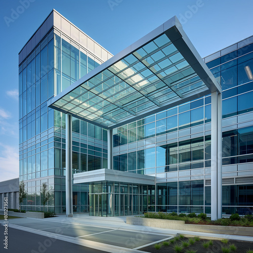 A modern glass and steel office building with a blue sky in the background  