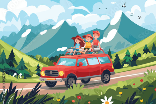 Summer landscape with highway with car, Family car trip in countryside, hills, mountains, holiday vacation, travel, Vector illustration