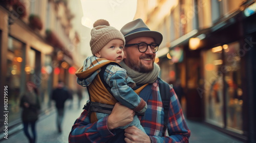 Hipster Dad with Baby in Stylish Baby Carrier on City Stroll, Modern Parenting © Mars0hod