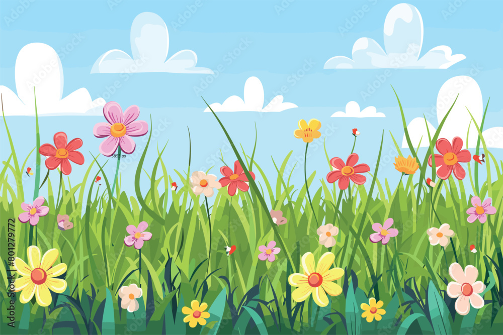 Obraz premium Spring grass and flowers, Beautiful green grass and white flowers, Green summer scene with flowers, Natural green grass with flowers, Vector illustration