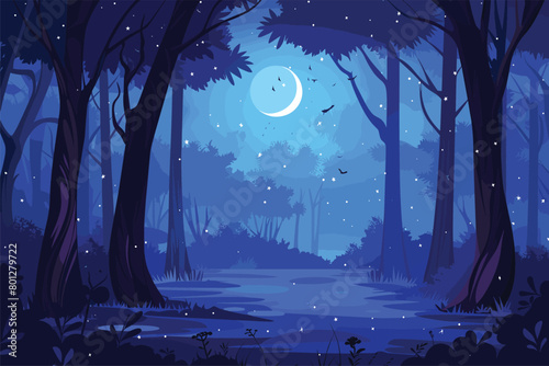 Night landscape with moon, Forest scene at night blue background, Vector illustration