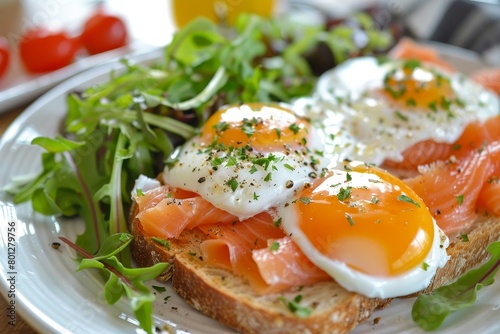 Poached eggs  smoked salmon on toast with a salad