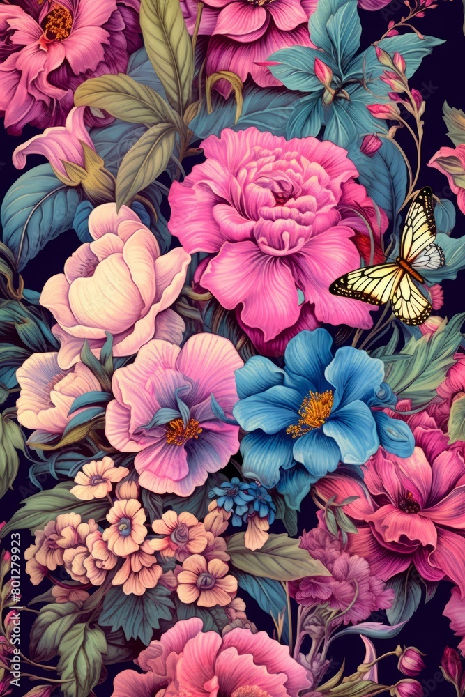 Pink and blue flowers with a yellow butterfly