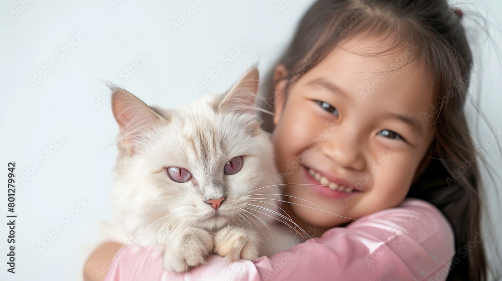 A girl hugging a white cat