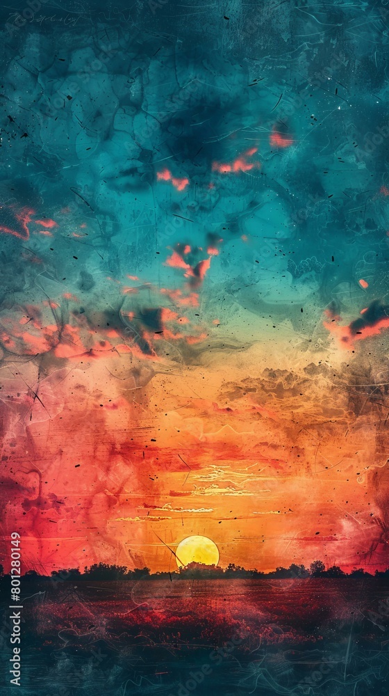 vibrant sunset sky painting with blue green and orange hues