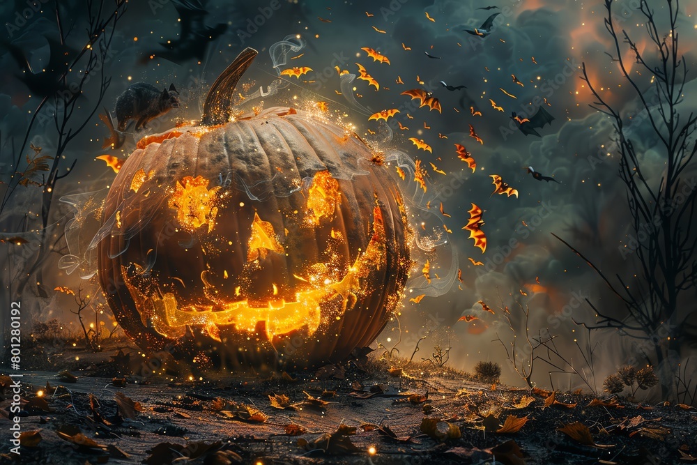 A large, glowing pumpkin sits in a dark forest A large, glowing pumpkin sits in a dark forest