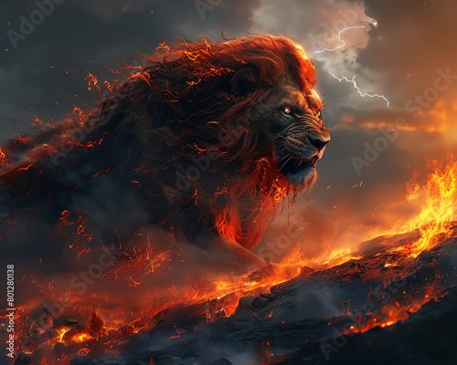 A hybrid creature, part devil part lion, prowling the fiery rims of an active volcano under a stormy sky