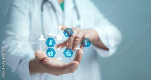 Health care and medical technology services concept. Medical worker using data virtual with health care icons,medical technology background,health insurance business.Health Insurance, telemedicine