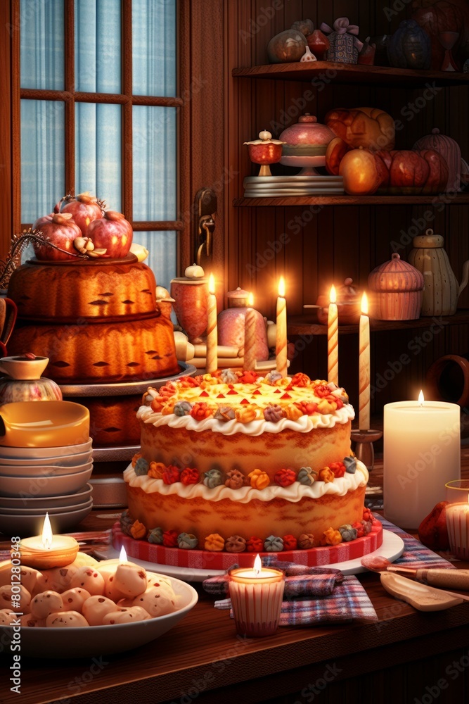 A beautifully decorated birthday cake sits on a table. A beautifully decorated birthday cake sits on a table.