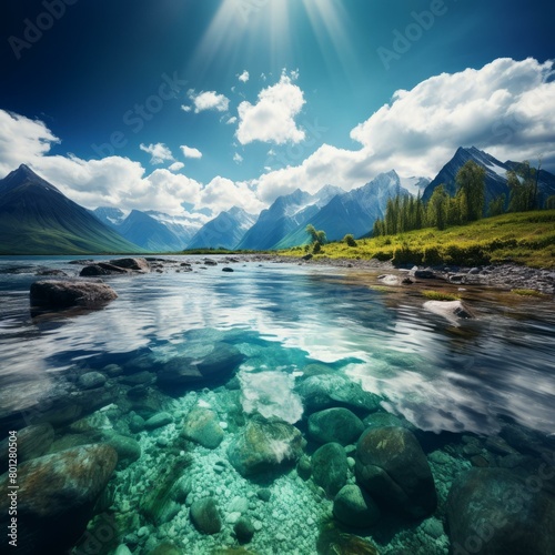 The crystal clear water of a mountain lake with a beautiful landscape of snow-capped mountains and green hills