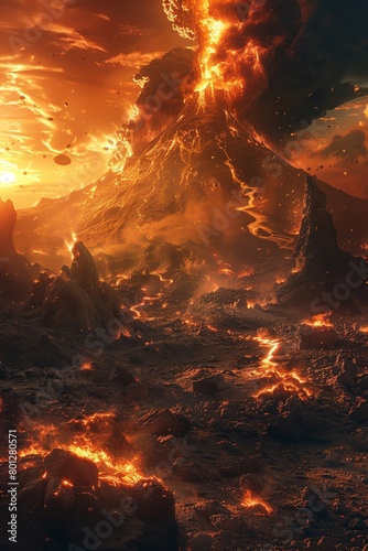 A volcano erupts on a distant planet. The lava is flowing down the mountainside and the sky is filled with ash and smoke.