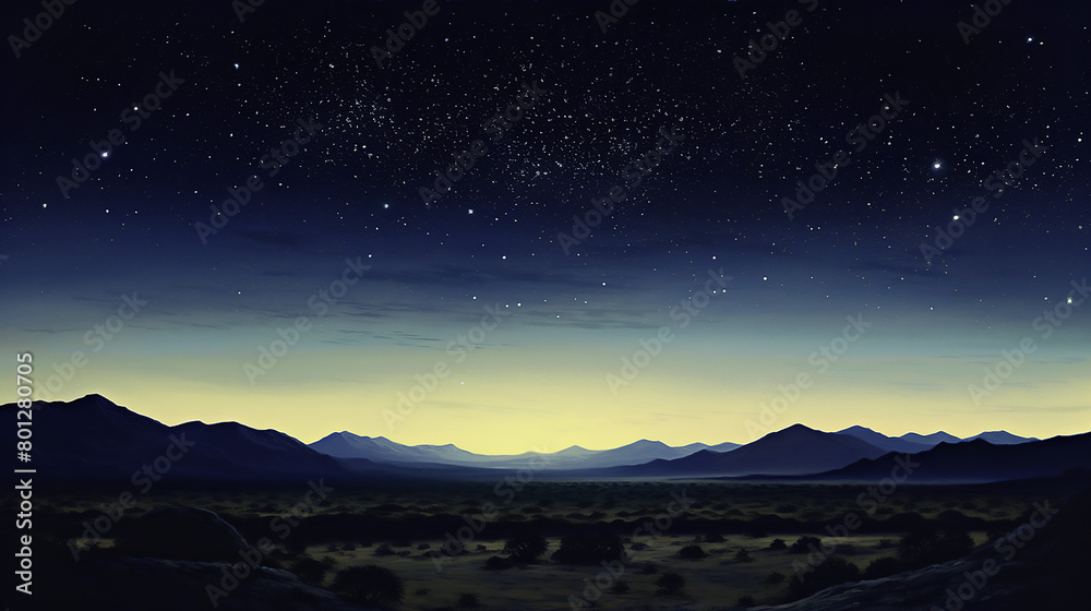 Illustration of the desert at night, with distant mountains in the background, and stars in the sky. The landscape is vast and open, with soft lighting creating an ethereal atmosphere